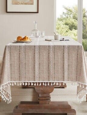 Neutral Beige Tassel Stripe Tablecloth Size 54x70